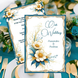 Invitación Flores azules cian blancas florales de boda elegan