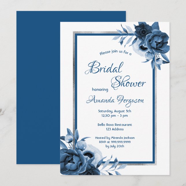 Invitación Flores azules clásicas plata blanca Bridal Shower (Anverso / Reverso)