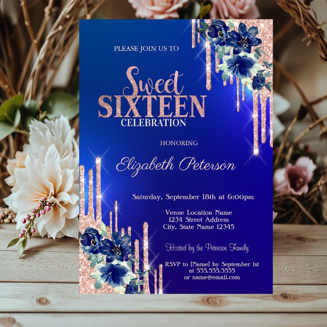 Invitación Flores Azules con Brillo de Rosa Dora Goteo Dulces (Subido por el creador)