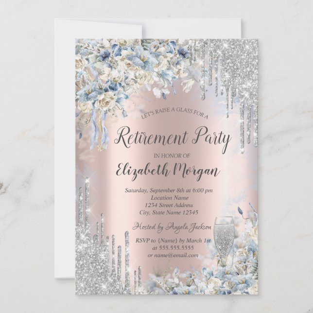 Invitación Flores Azules con Drip de Purpurina de Plata Jubil (Anverso)