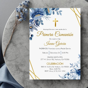 Invitación Flores azules cortas primera comunión en español