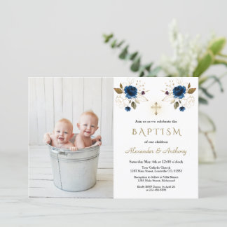 Invitación Flores azules cruzan a niños gemelos foto bautismo