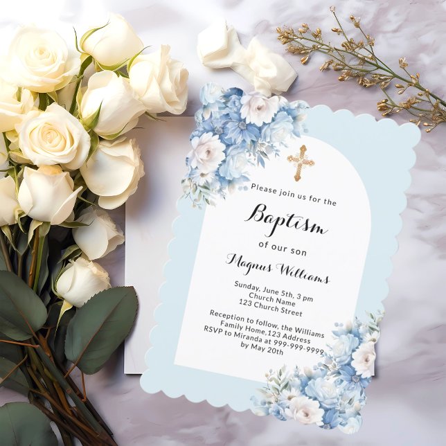 Invitación Flores azules cruzan el bautismo de los niños (Subido por el creador)
