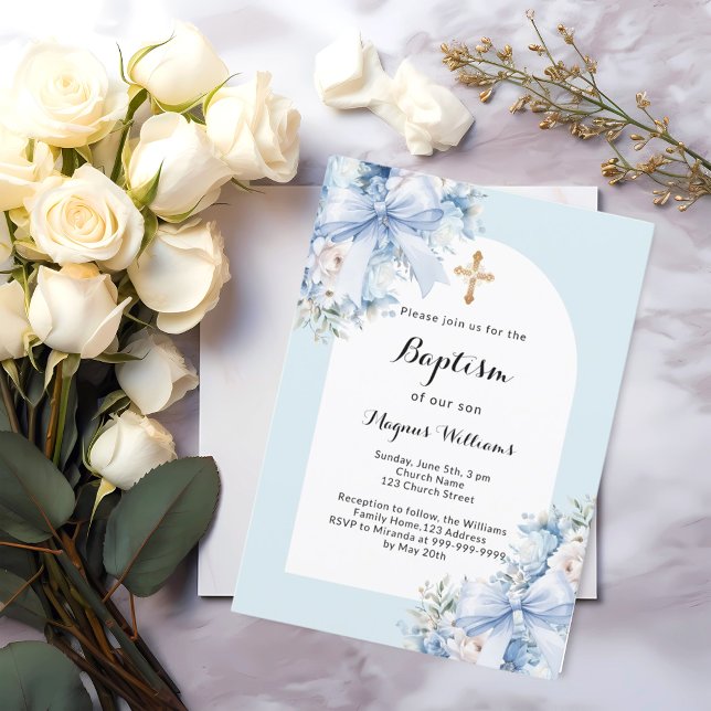 Invitación Flores azules cruzan el bautismo de los niños (Subido por el creador)