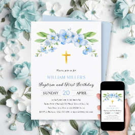 Invitación Flores azules cruzan el bautismo y el primer cumpl