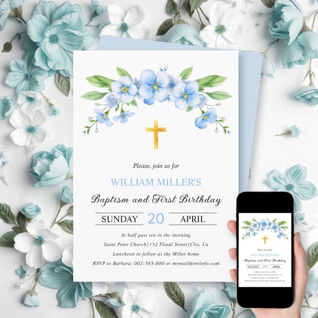 Invitación Flores azules cruzan el bautismo y el primer cumpl (Subido por el creador)