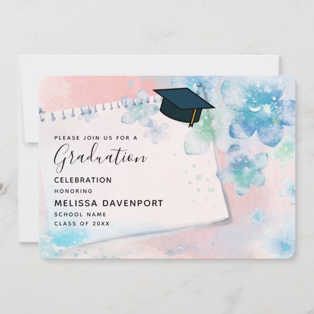 Invitación Flores azules de bonito en graduación de fondo ros (Anverso)