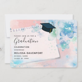 Invitación Flores azules de bonito en graduación de fondo ros