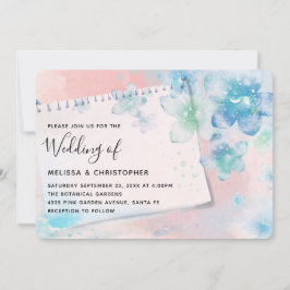 Invitación Flores azules de bonito en un Boda de fondo rosado