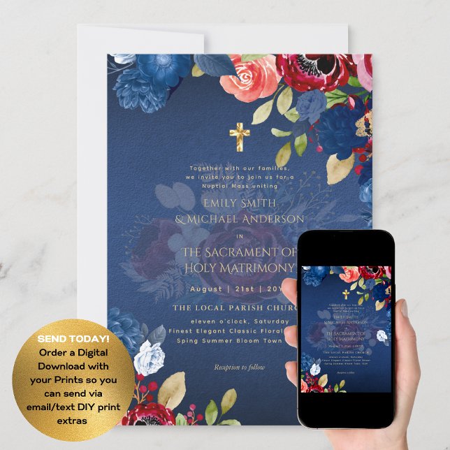 Invitación Flores azules de Borgoña Boda de misa Nupcial cató (Subido por el creador)