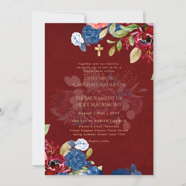 Invitación Flores azules de Borgoña Boda de misa Nupcial cató (Anverso)