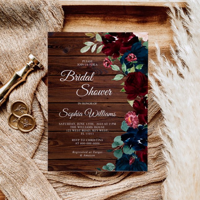 Invitación Flores azules de borgoña y marina ducha de novia d (Subido por el creador)