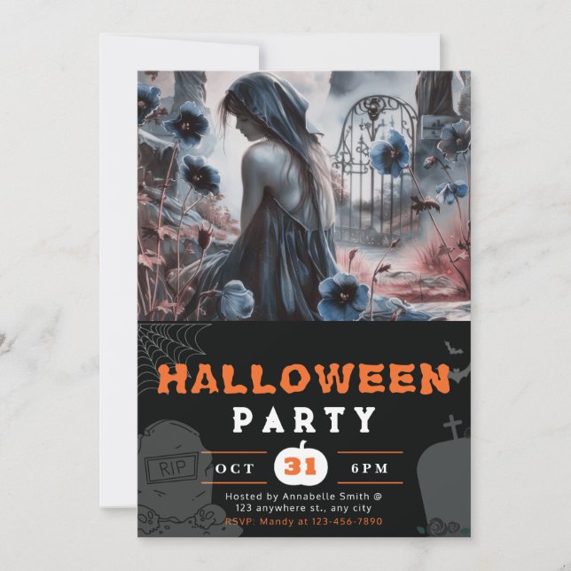 Invitación Flores Azules de Cementerio Embrujadas Halloween (Anverso)