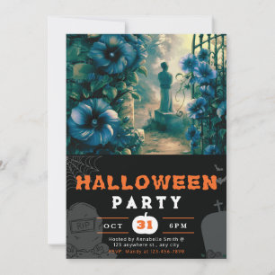 Invitación Flores Azules de Cementerio Embrujado Halloween