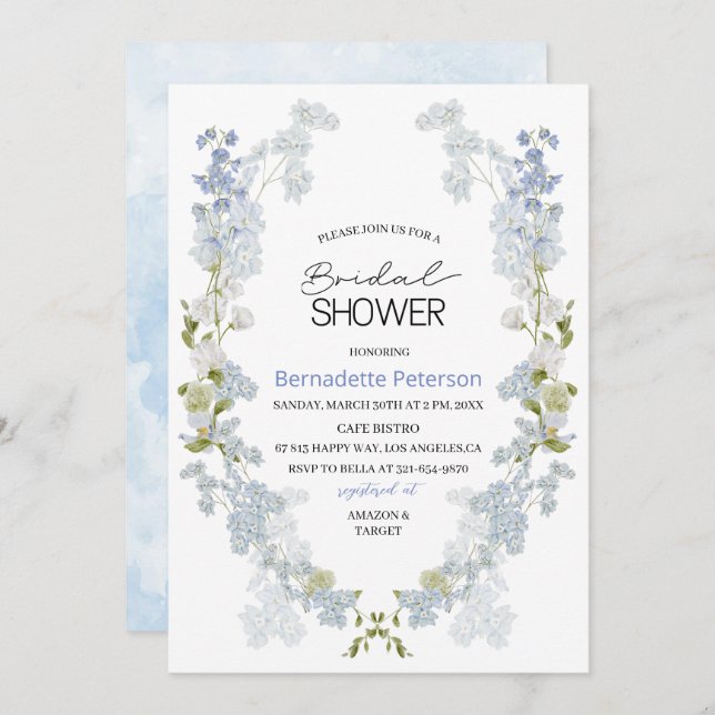 Invitación Flores azules de Delphinium Bridal Shower (Anverso / Reverso)