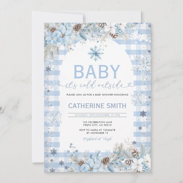 Invitación Flores Azules de Invierno Cumpleaños de Bebe Copos (Anverso)