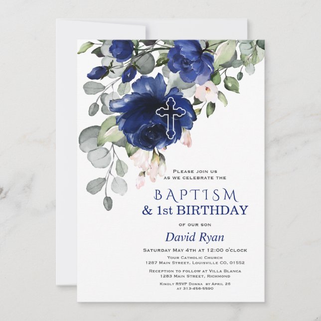 Invitación Flores azules de la Marina Bautismo Primer Fiesta  (Anverso)