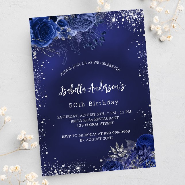 Invitación Flores azules de la marina de cumpleaños plata des (Subido por el creador)
