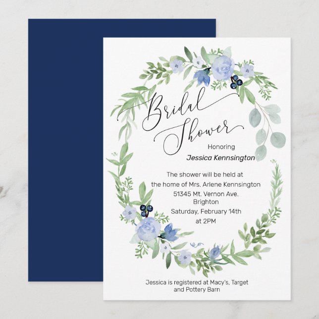 Invitación Flores azules de la marina de la novia invitando a (Anverso / Reverso)