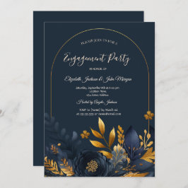 Invitación Flores azules de la marina El oro deja el compromi