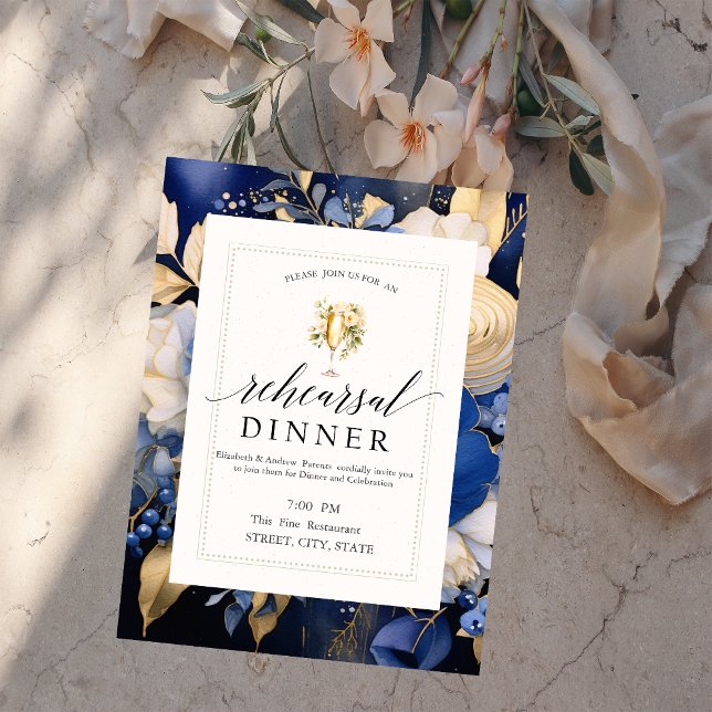 Invitación Flores azules de la marina Ensayos de vino Cena (Subido por el creador)