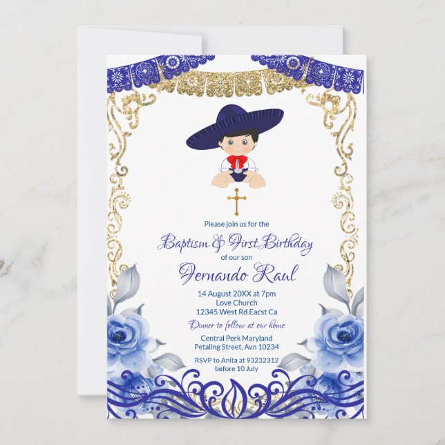 Invitación Flores azules de la marina Fiesta Bautismo y Cumpl (Anverso)