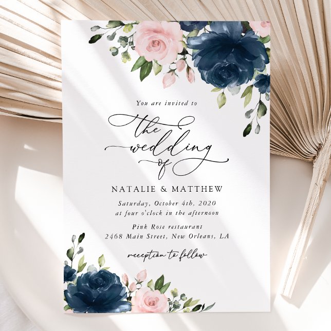 Invitación Flores azules de la marina, flores rosas, Boda flo (Subido por el creador)