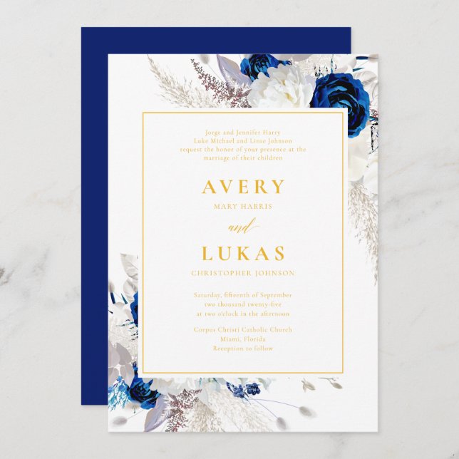 Invitación Flores azules de la marina moderna y Boda amarillo (Anverso / Reverso)