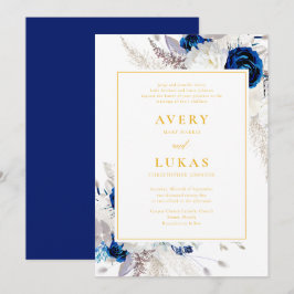 Invitación Flores azules de la marina moderna y Boda amarillo