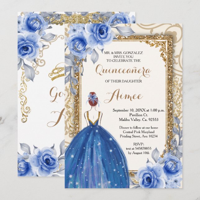 Invitación Flores azules de la marina Quinceañera de oro  (Anverso / Reverso)