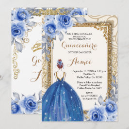 Invitación Flores azules de la marina Quinceañera de oro