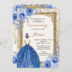 Invitación Flores azules de la marina Quinceañera de oro