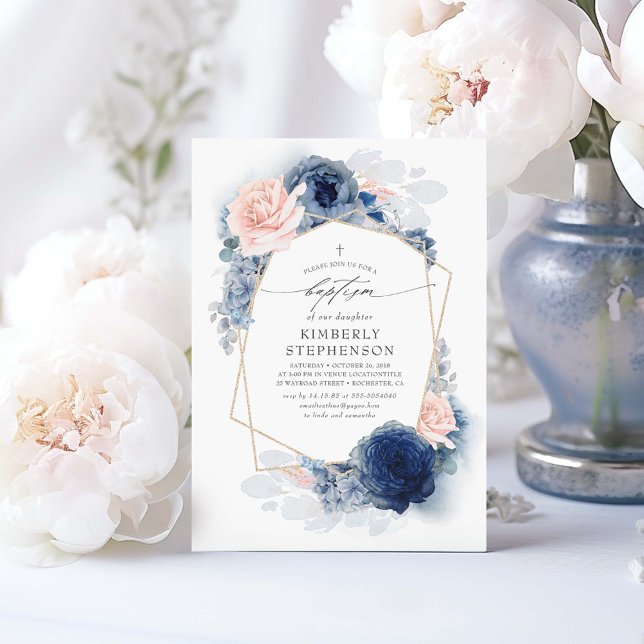 Invitación Flores azules de la Marina Rosa Polvorienta Bautis (Dusty Blue and Pink Floral Boho Baptism Invitations)