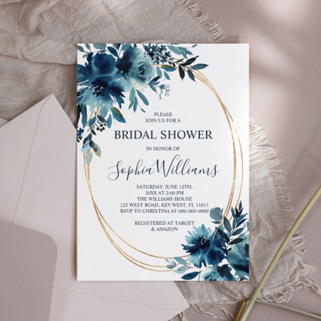 Invitación Flores azules de la marina y ducha marrón dorada (Subido por el creador)