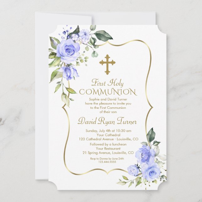 Invitación Flores azules de lujo primera comunión sagrada (Anverso)