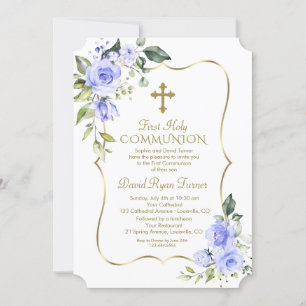 Invitación Flores azules de lujo primera comunión sagrada
