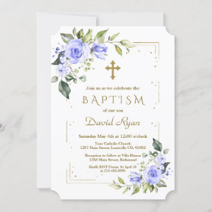 Invitación Flores azules de lujo Purpurina de oro bautismo