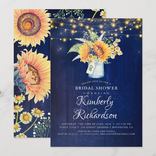Invitación Flores azules de mar Rústica caída ducha de novia (Anverso / Reverso)
