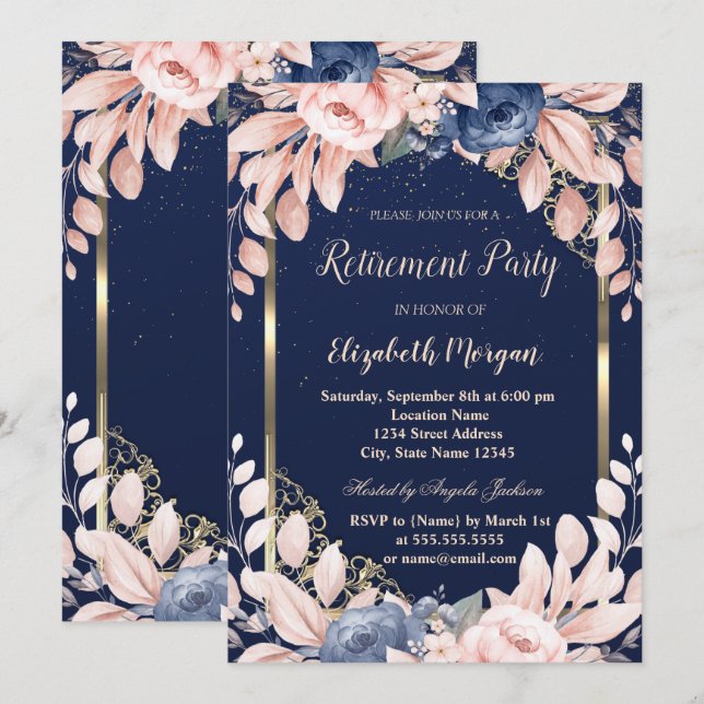 Invitación Flores azules de marco dorado Jubilación azul de l (Anverso / Reverso)
