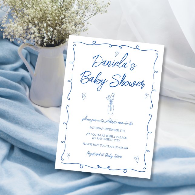 Invitación Flores azules de moda dibujadas a mano Baby Boy Sh (Hand Drawn Trendy Blue Flowers Baby Boy Shower Invitation)