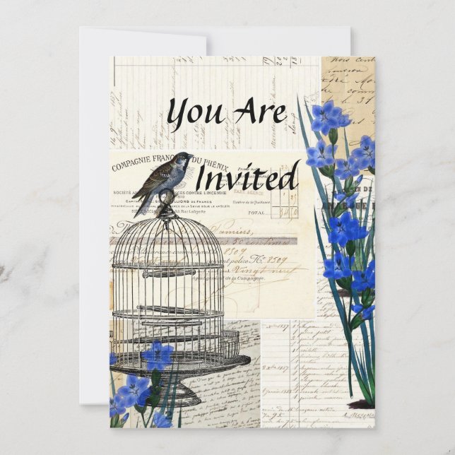 Invitación Flores azules de pájaro de época francesa (Anverso)