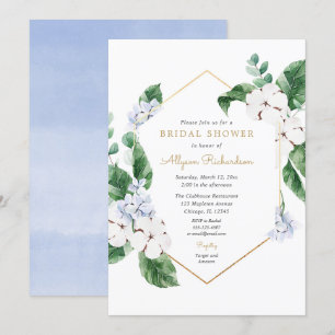 Invitación Flores azules de primavera blanca dorada ducha de
