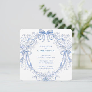 Invitación Flores azules de vincapervinca y lazos fluidos