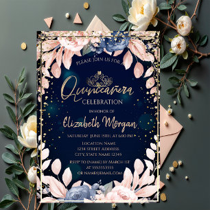 Invitación Flores Azules Elegantes Tiara de Oro,Quinceañera D