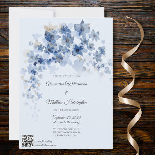 Invitación Flores Azules en Cascada Código QR Boda