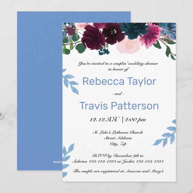 Invitación Flores Azules en Flor - Ducha de Boda para Parejas (Anverso / Reverso)
