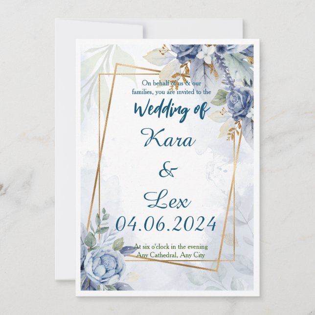 Invitación Flores azules espléndidas con marcos de acento dor (Anverso)