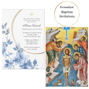 Invitación Flores Azules Etéreas Bautismo Cristiano Ortodoxo