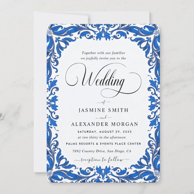 Invitación Flores Azules Florales Boda Simple (Anverso)