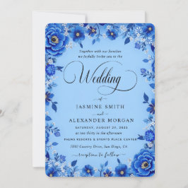 Invitación Flores Azules Florales Boda Simple